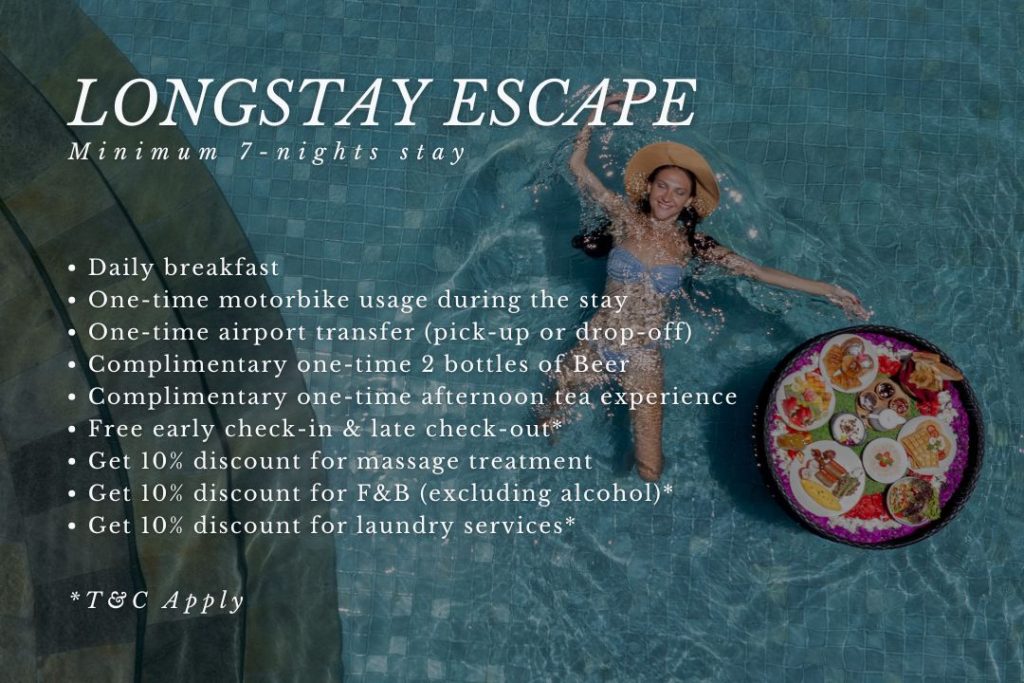 Enjoy a longstay package in Canggu at Swarga Suites Bali Berawa with daily breakfast, airport transfer, spa and dining discounts, and exclusive lifestyle benefits.