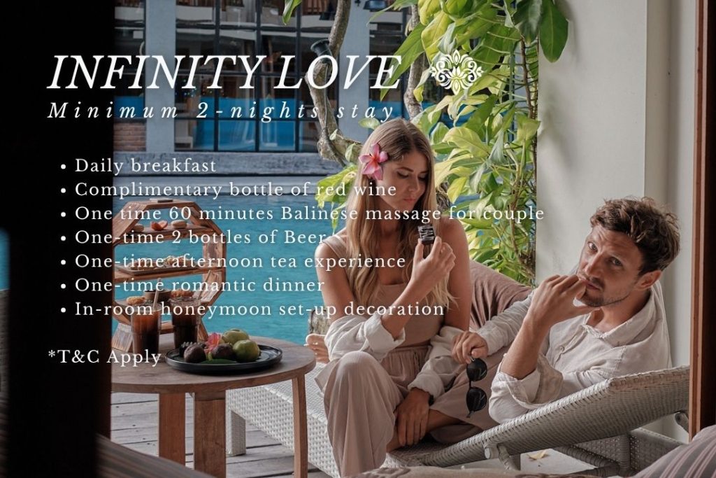 Enjoy a romantic honeymoon package in Canggu at Swarga Suites Bali Berawa with massage, romantic dinner, wine, and special in-room setup for couples.